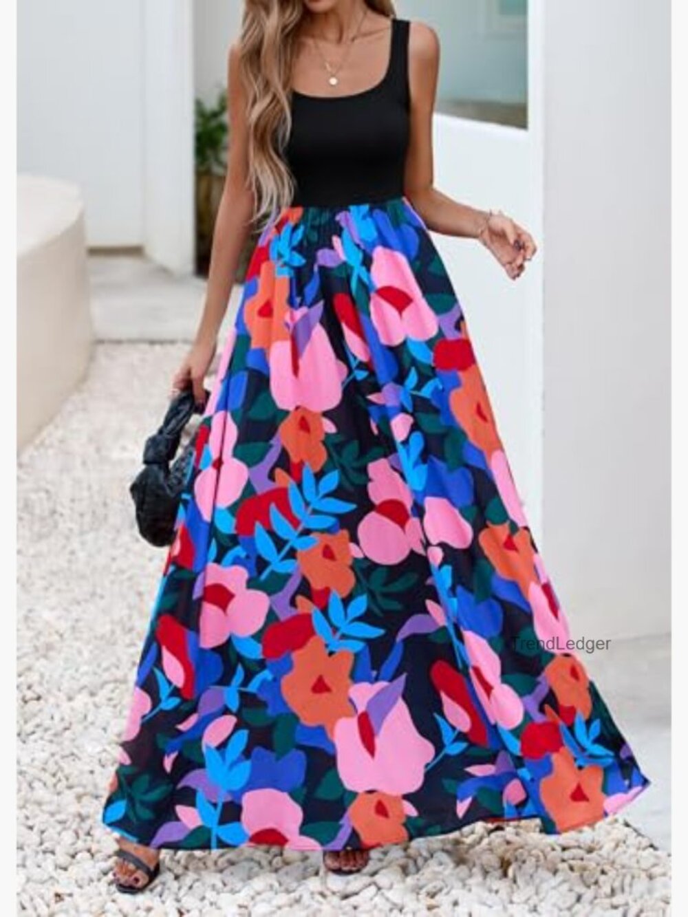 Boho Floral Maxi Dress Sleeveless Scoop Neck A-Line Flowy Summer Sundress with - Picture 5 of 7